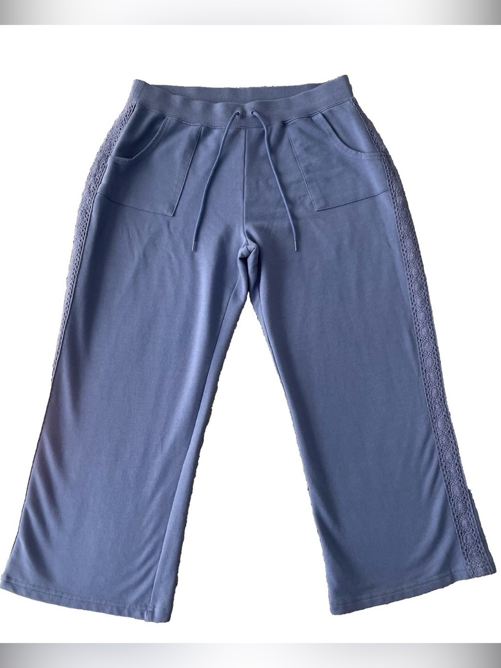 Fashion Bug Blue Wide Leg Cropped Sweatpants Crochet Size M Y2K Loungewear